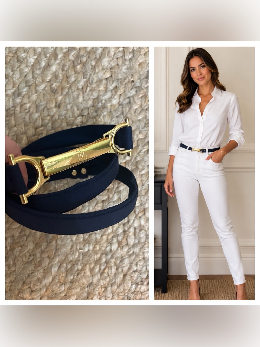 Sz S-L Ralph Lauren Navy Blue 3/4” Fabric Belt with Gold Signature Bar Buckle